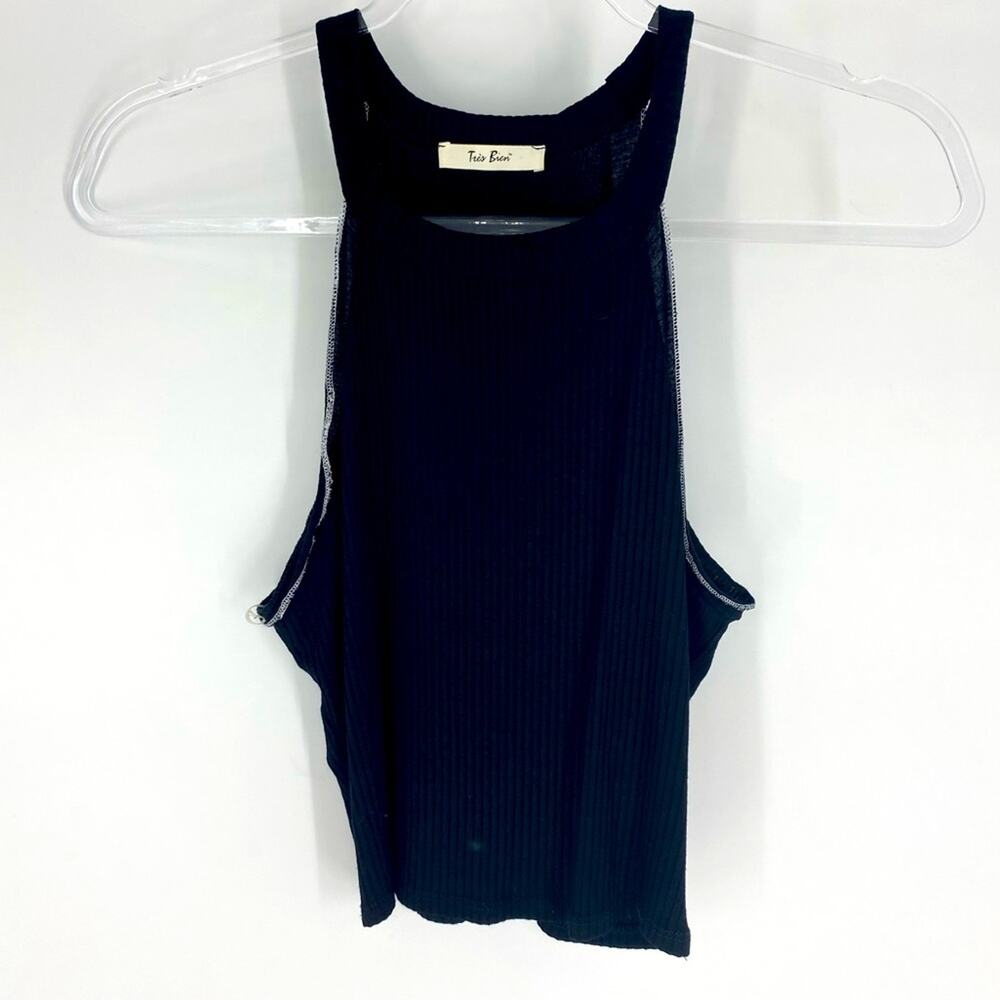 Tres Bien Ribbed Cropped Halter Tank Black M